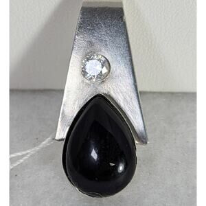 Sterling silver pendant Onyx bezel set + CZ No chain  13/4"x 3/4"Signed OOAK NWT